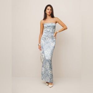 Frankie Silk Dress Porcelain- Blue Floral Strapless Dress